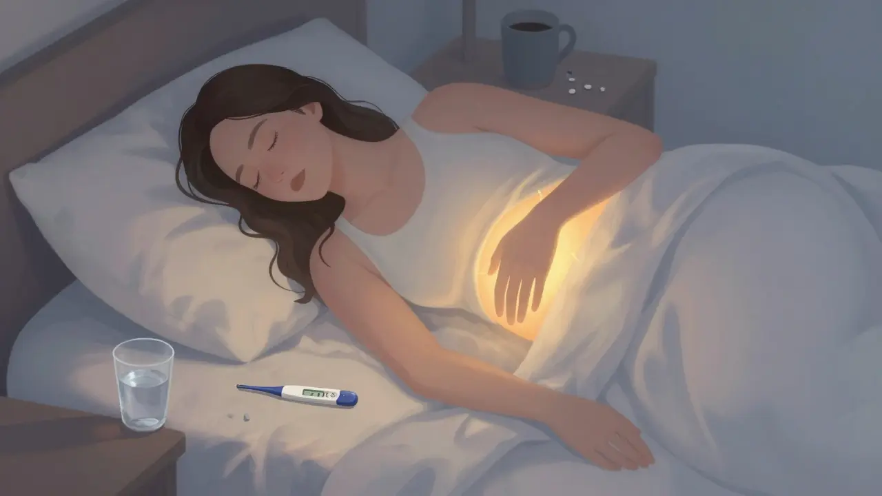 Žena spí v posteli s teploměrem ukazujícím mírně zvýšenou teplotu a zářící oblast břicha.
