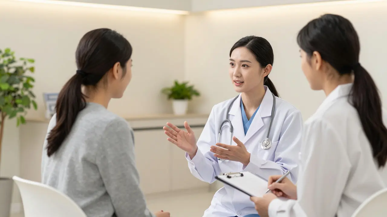 Ženská pacientka v konzultaci s lékařem v ordinaci.