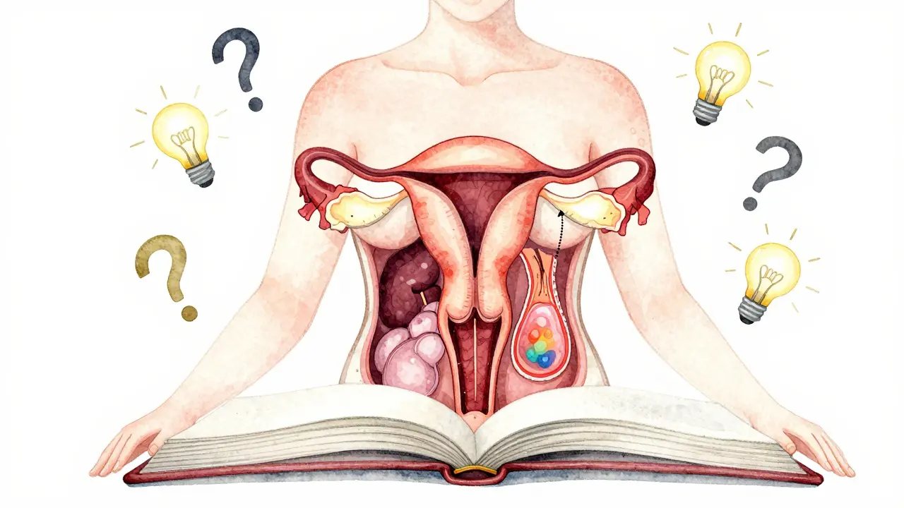 Ženské tělo jako otevřená kniha s vnitřními orgány a symbolickými příznaky zdraví.