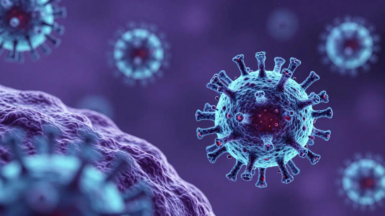 3D ilustrace HPV virů v mikroskopickém prostředí.