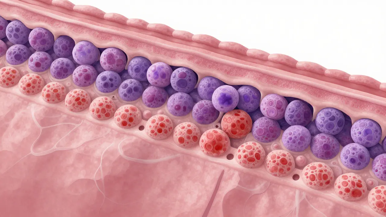 3D vizualizace mikroskopických buněk děložního čípku znázornující přechod od zdravých k atypickým buňkám.