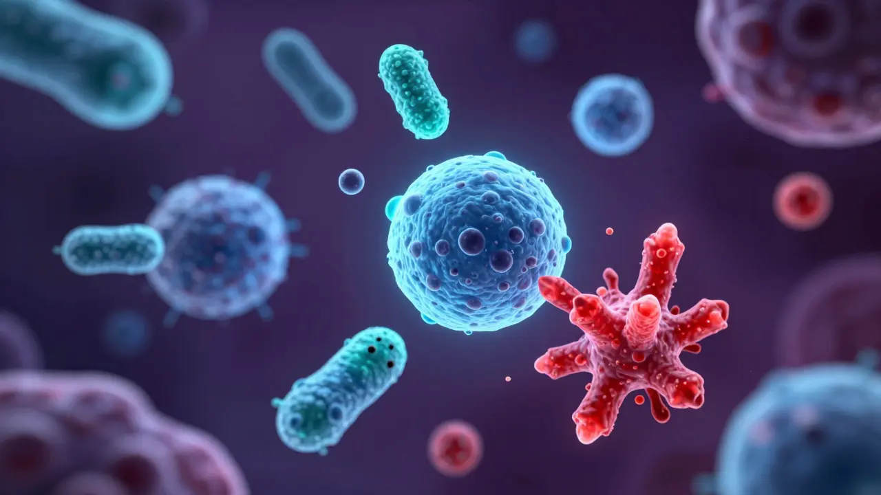 Abstraktní 3D vizualizace rovnováhy bakterií a kvasinek v mikroskopickém měřítku.