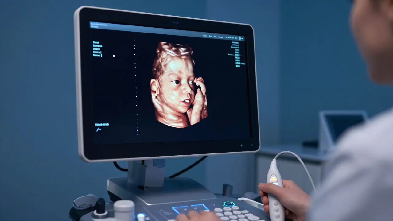 Detailní 3D ultrazvuk plodu na monitoru v moderní gynekologické ordinaci.