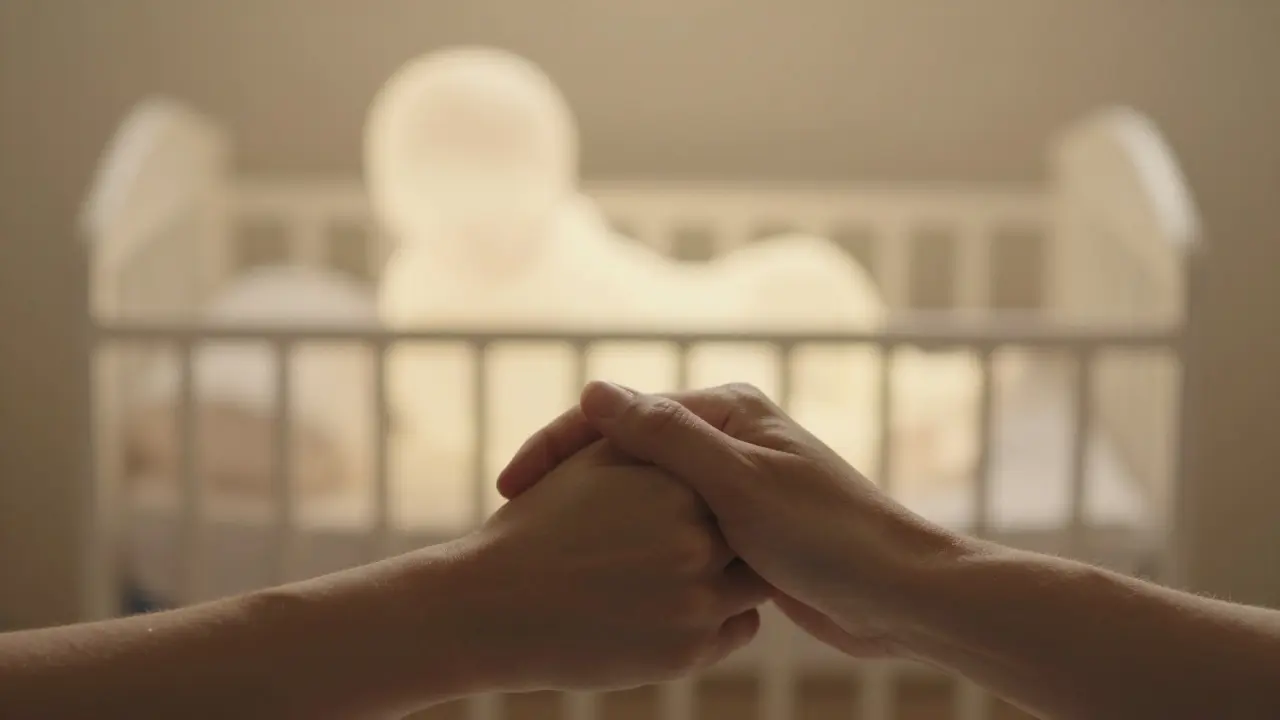 Interlaced hands of a couple with a blurred image of a baby's cradle in the background.
