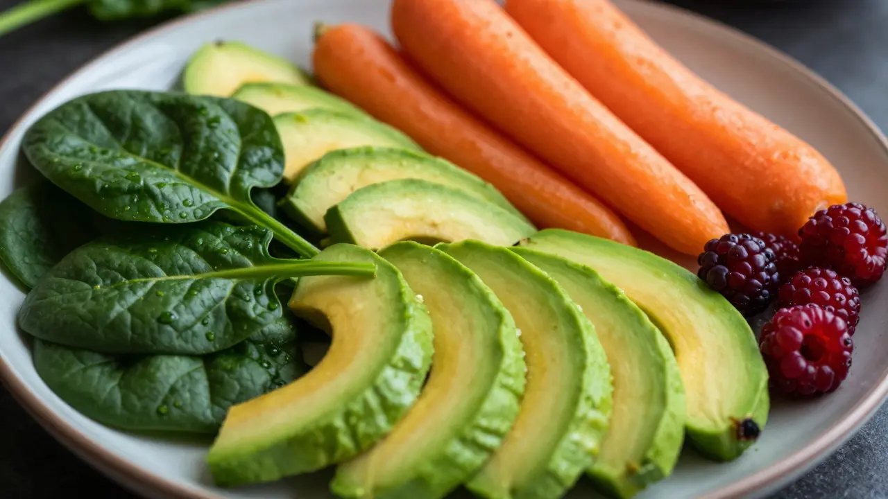 Kolaž barevné a nutričně bohaté zeleniny a ovoce, včetně avokáda a špenátu.