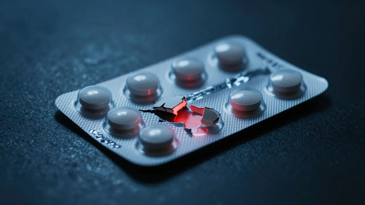 Konceptuální detail poškozeného blistru s pilulkami znázorňující rizika neověřených léků.