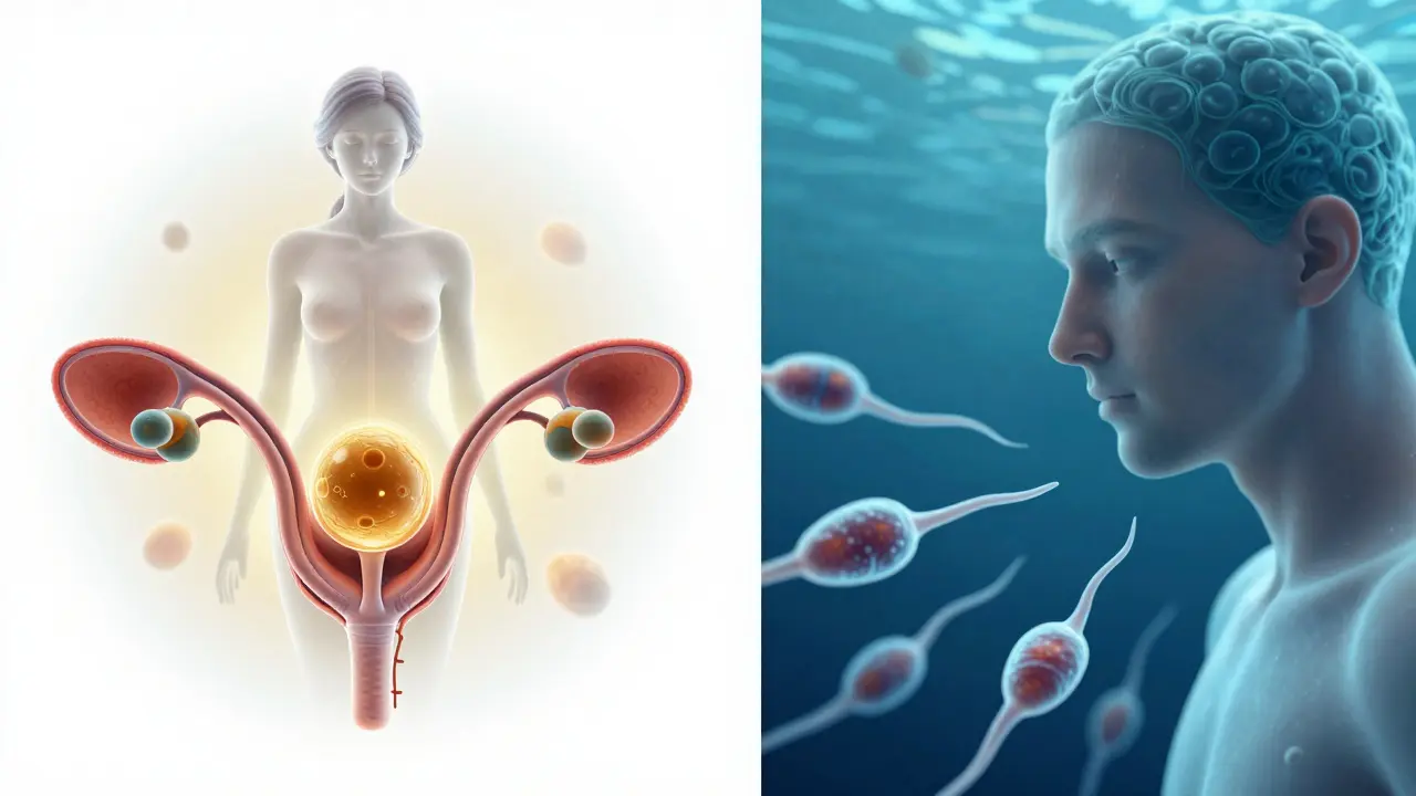 Konceptuální zobrazení ženských vaječníků a mužských spermií pro diagnostiku plodnosti.