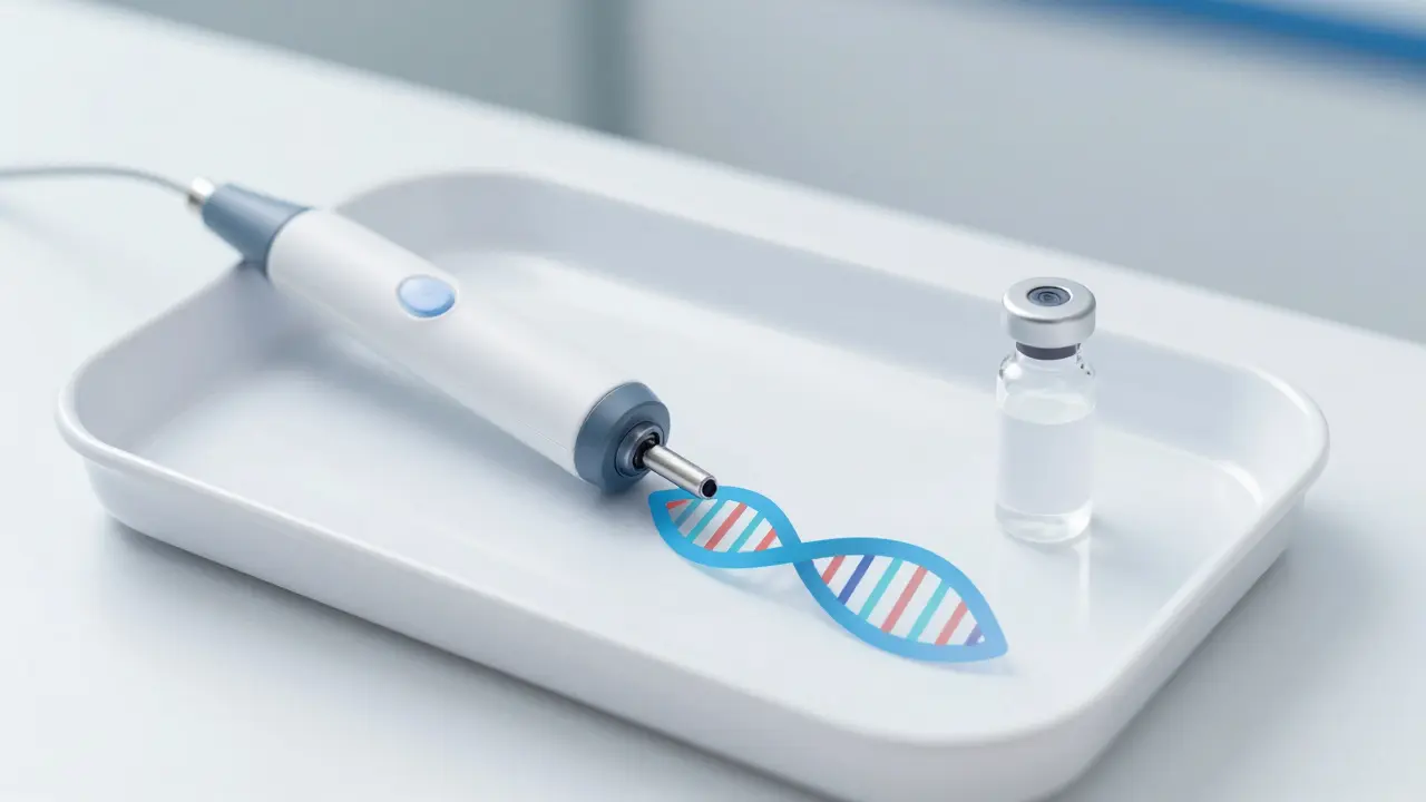 Medicínské vybavení pro kryoterapii a symbol DNA představující léčbu.