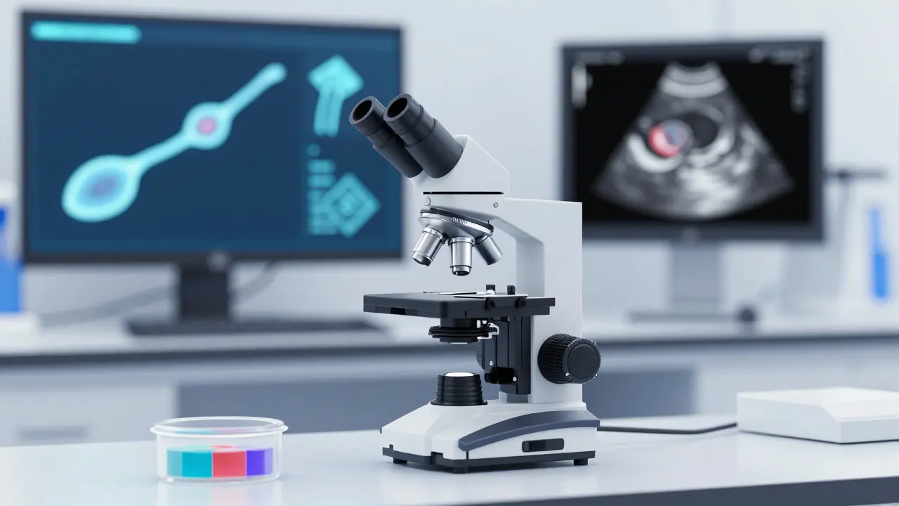 Microscope and laboratory equipment used for analyzing sperm and hormone tests.