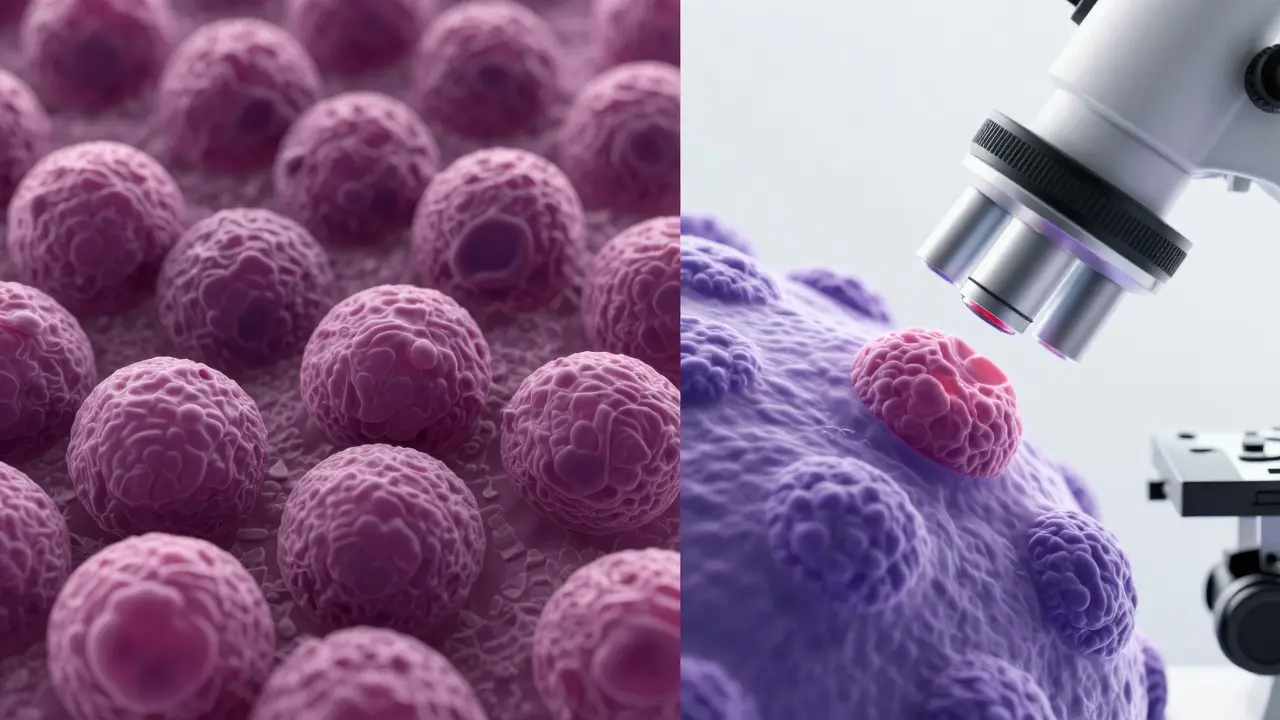 Mikroskopické srovnání zdravých a změněných buněk děnového hrdla.