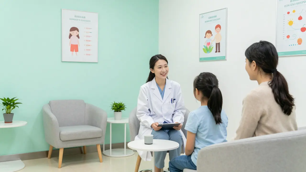 Přátelský rozhovor dcery a matky s lékařkou v moderní ordinaci.