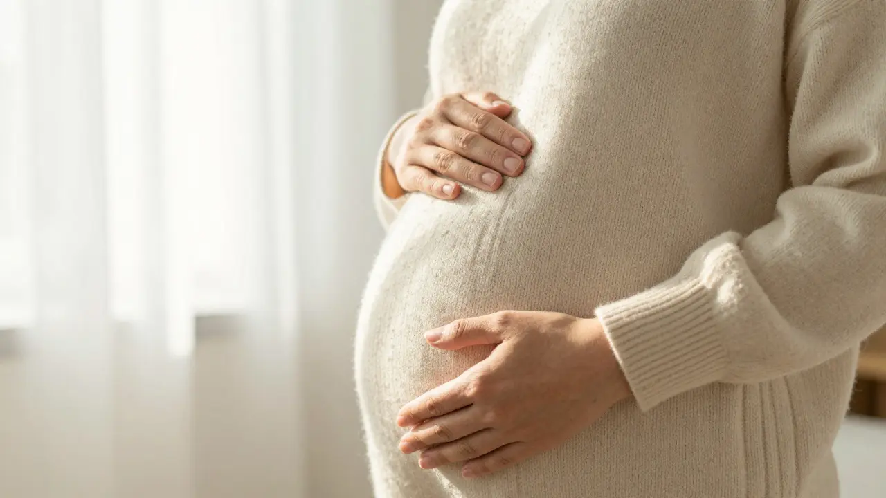 Ruka ženy jemně položená na břiše v ranním přirozeném světle