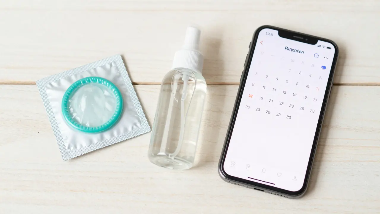 Sada nehormonální antikoncepce včetně kondomu a mobilního kalendáře na světlém stole.