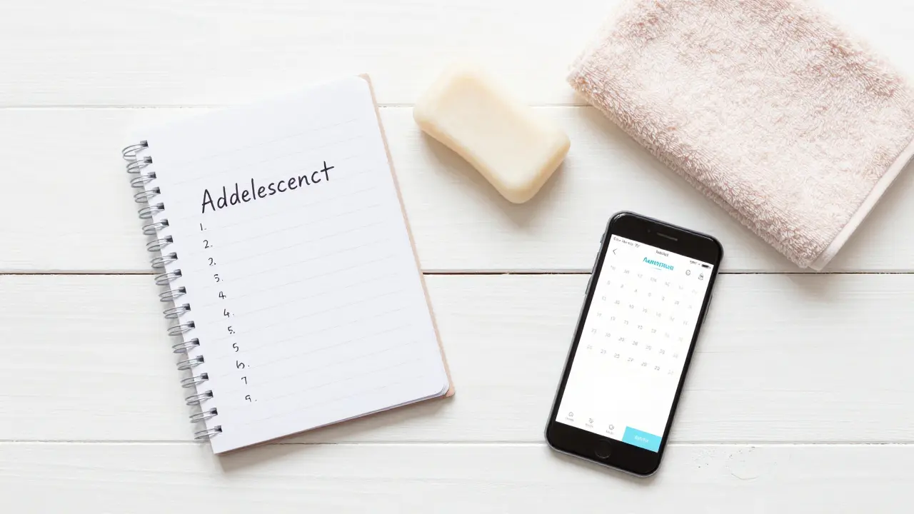 Sestava zápisníku s otázkami, jemného mýdla a telefonu s aplikací cyklu.