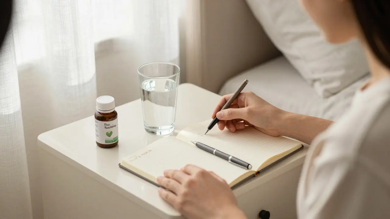 Stůl s doplňky stravy a deníkem v jemném ranním světle.