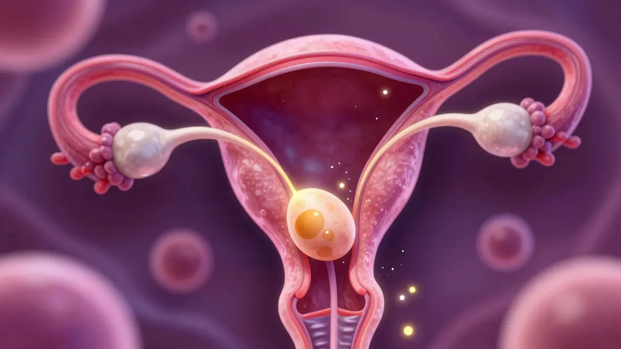 Umělecká 3D ilustrace procesu ovulace a uvolnění vajíčka z vaječníku.