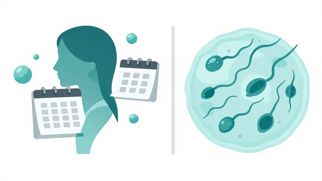 Umělecká ilustrace znázornující hormonální nerovnováhu u žen a kvalitu spermií u mužů.