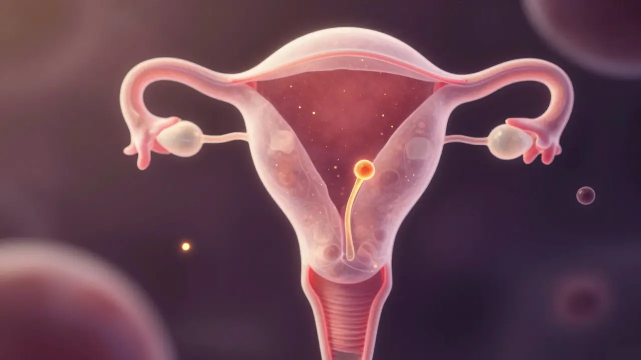 Umělecký 3D model gestačního vaku a žlutého váčku v děloze