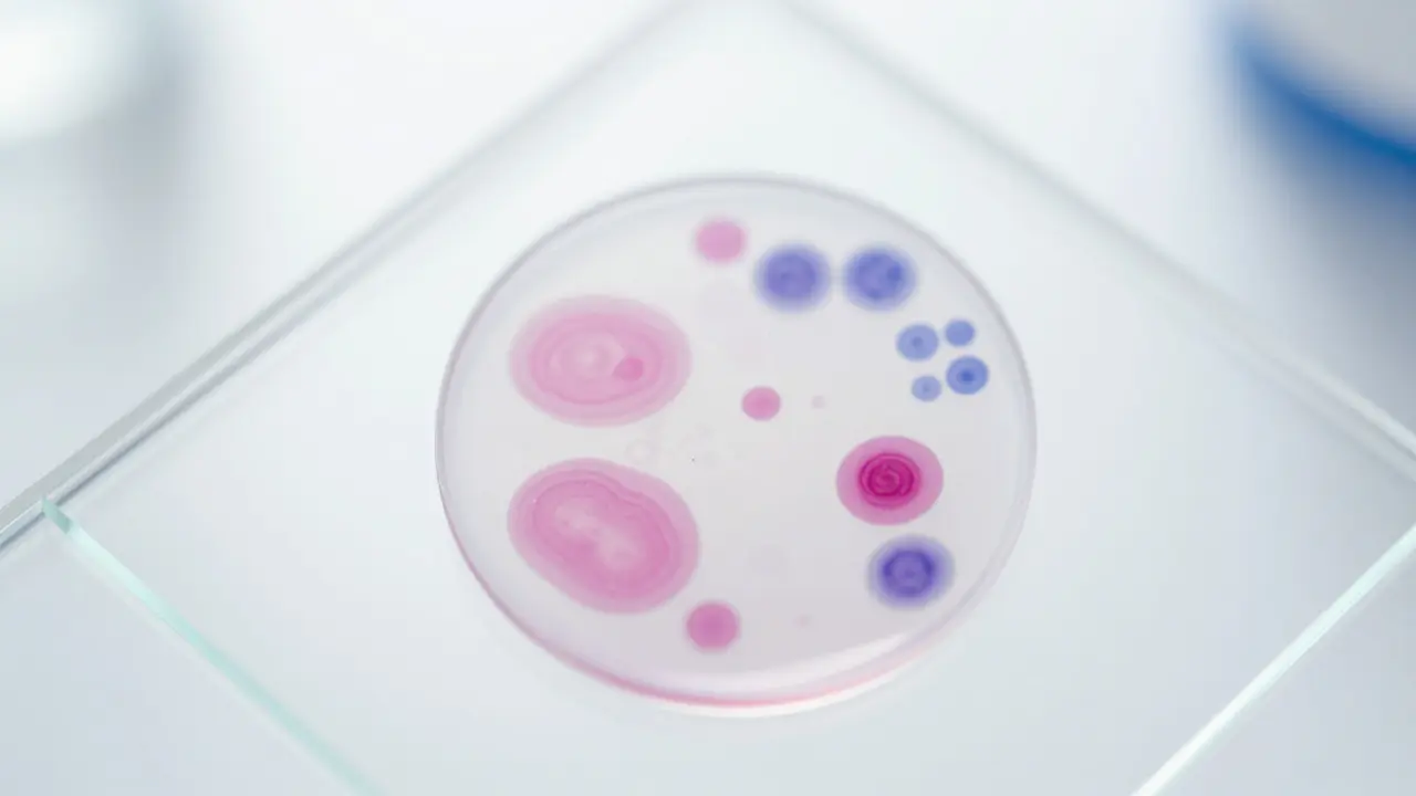 Umělecký detail citologického vzorku na sklíčku v moderní laboratorní atmosféře.