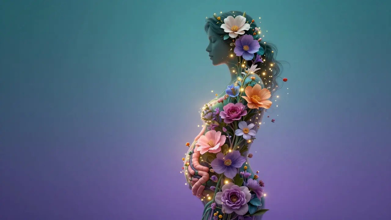 Umělecký obraz symbolizující hormonální rovnováhu a ženskou plodnost.