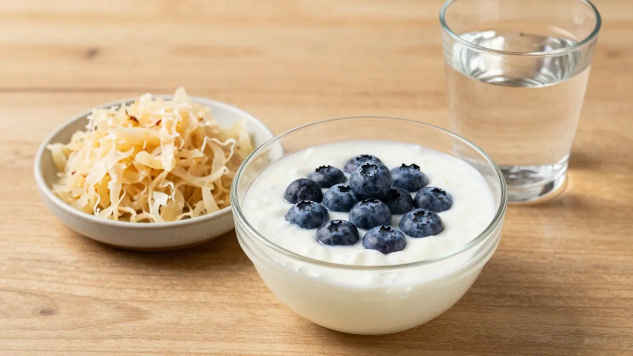 Zdravá snídaně s kefírem a kysaným zelím pro podporu imunity.