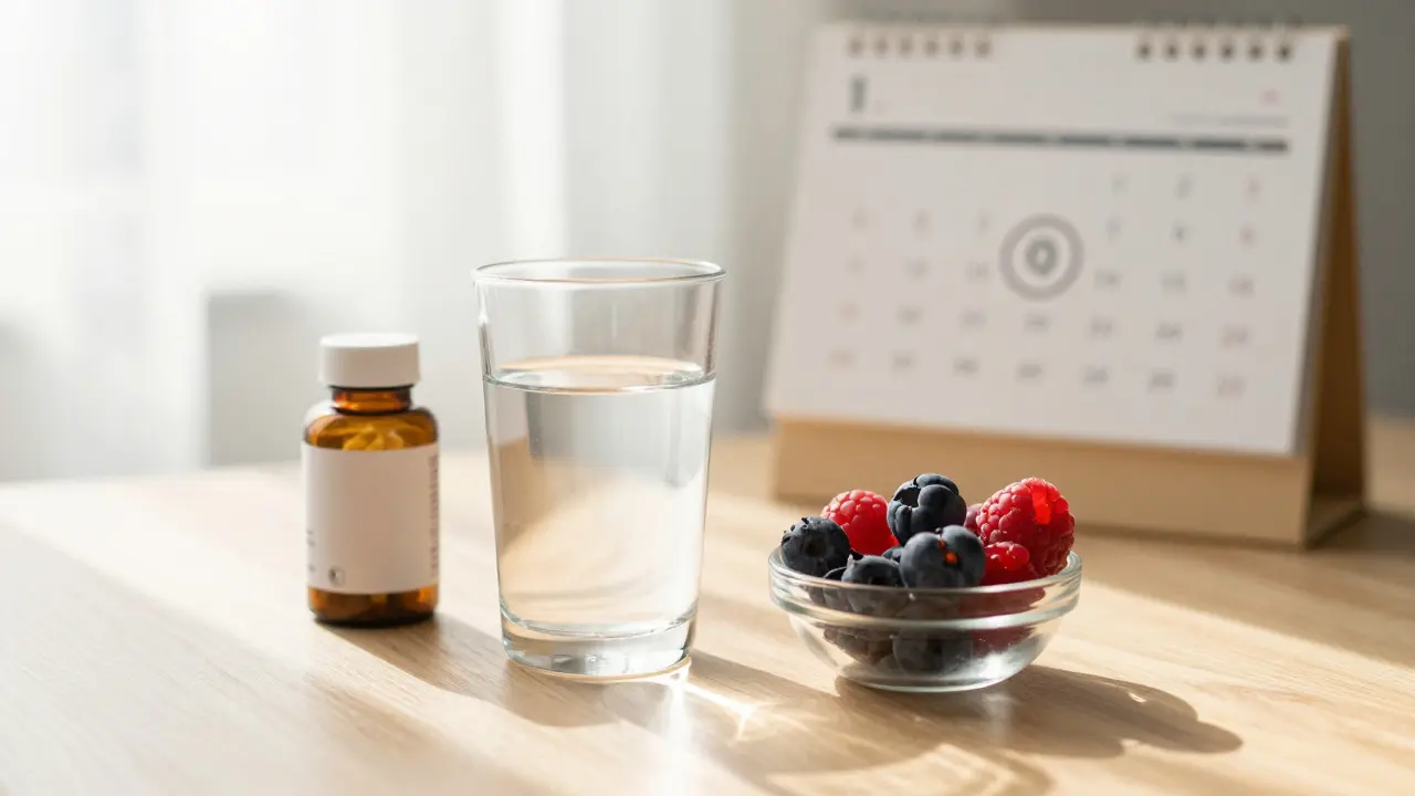 Zdravé potraviny a doplňky stravy vedle kalendáře symbolizující přípravu těla.