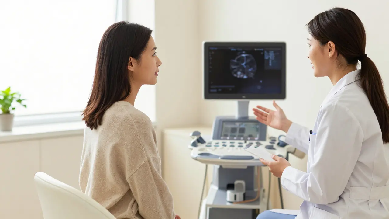 Žena při konzultaci s gynekologem v moderní a světlé ordinaci.