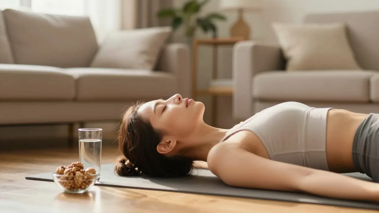 Žena relaxuje při cvičení jógy v přೀjemném, slunném interiéru.