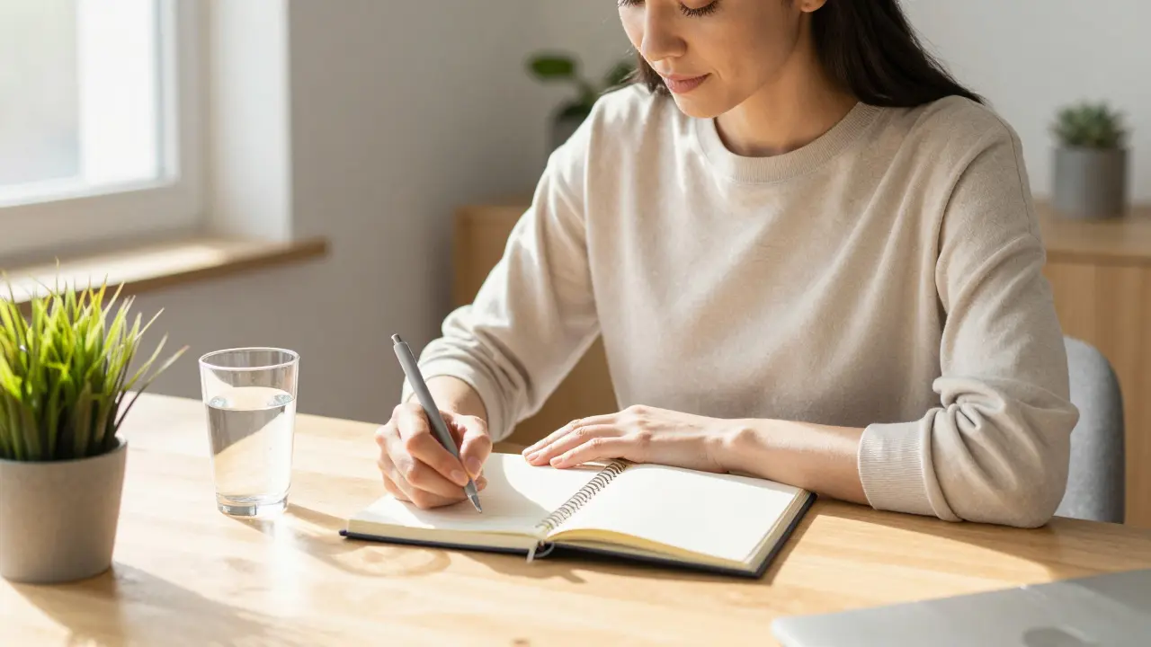 Žena v klidném domácím prostředí si připravuje seznam otázek před návštěvou lékaře.