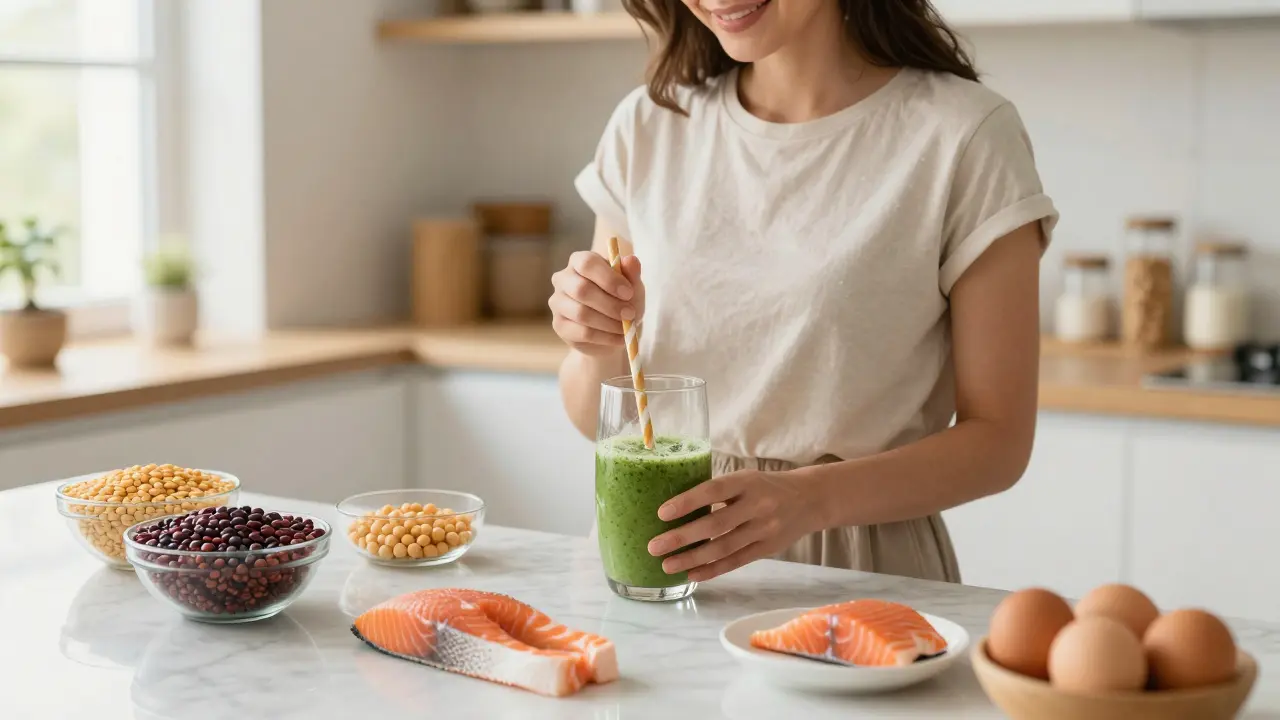 Žena v světlé kuchyni připravující jídlo z luštěnin, ryb a vajec.