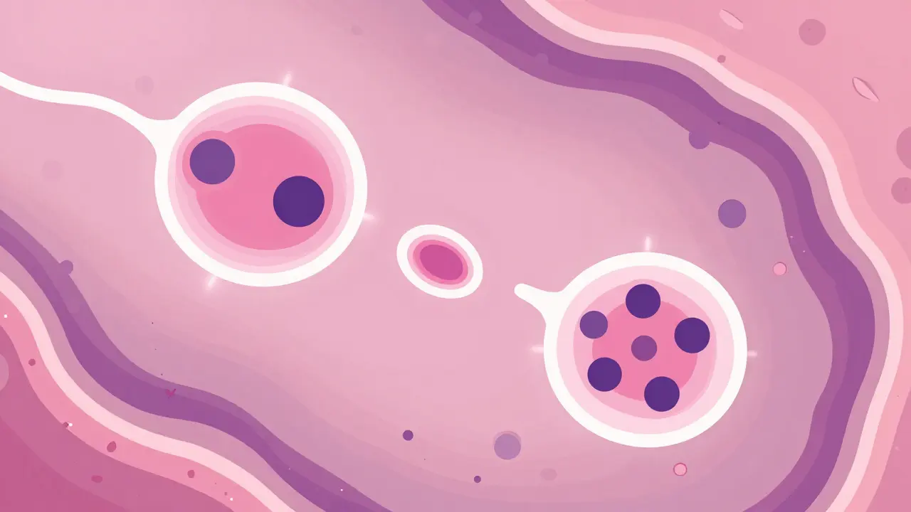 Abstraktní ilustrace procesu oplodnění a implantace embrya