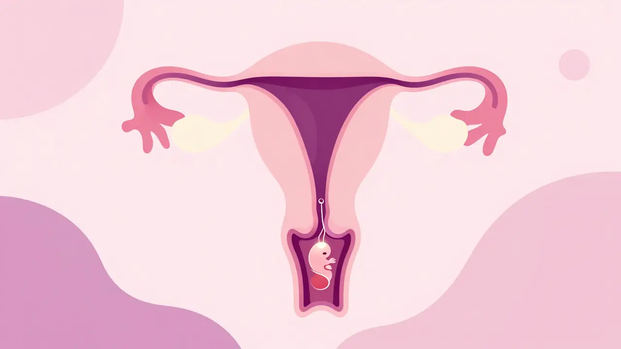 Abstraktní lékařská ilustrace ukazující implantaci embrya do děložní sliznice jemnými barvami.
