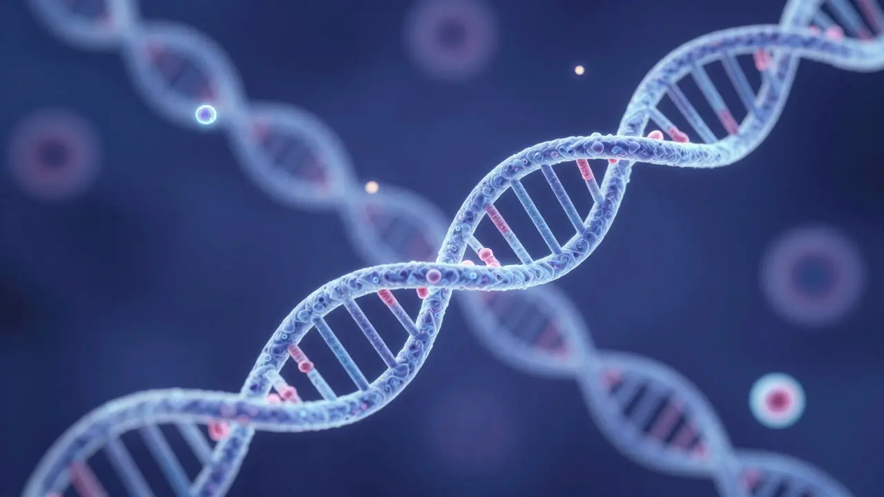 Abstraktní vizualizace DNA a molekul v krvi pro genetický screening.