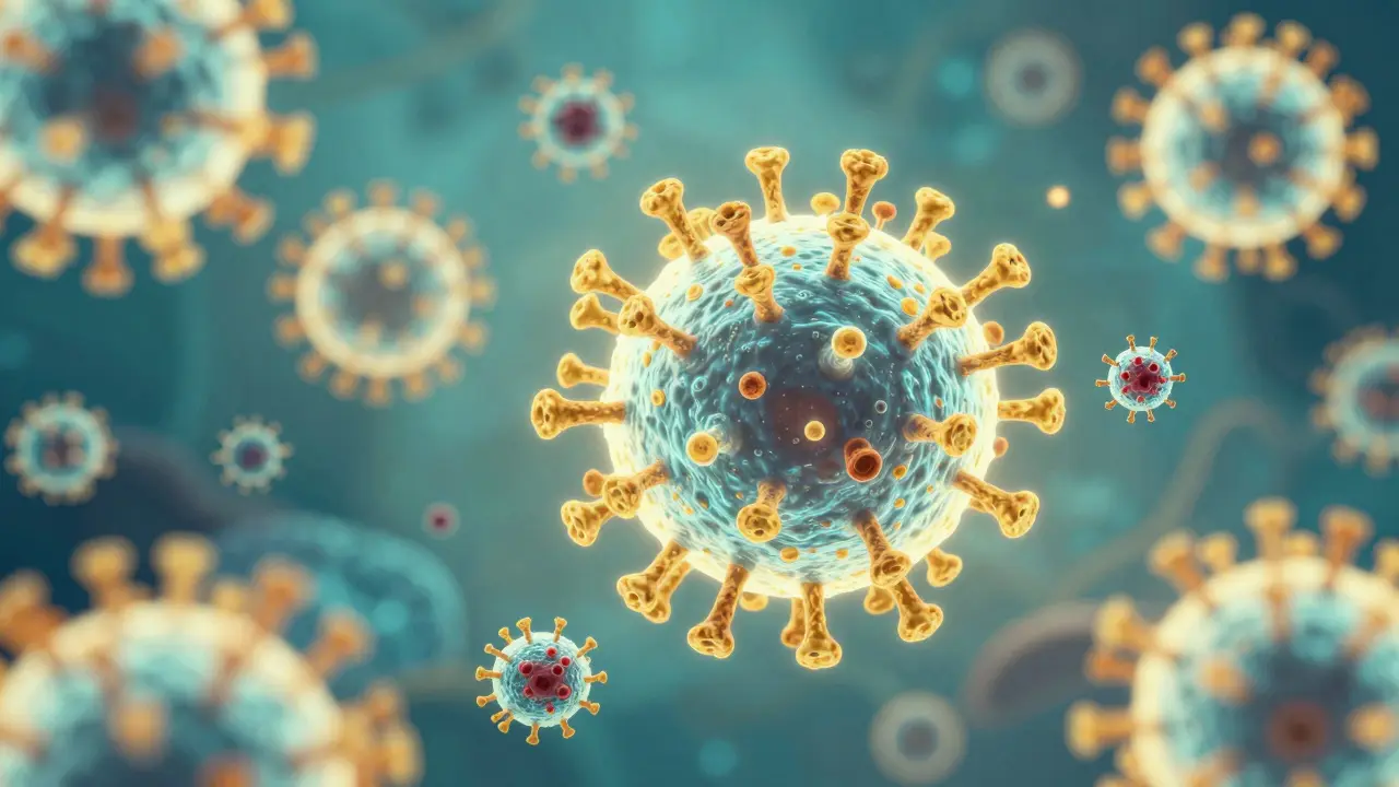 Abstraktní zobrazení imunitních buněk bojujících proti viru HPV