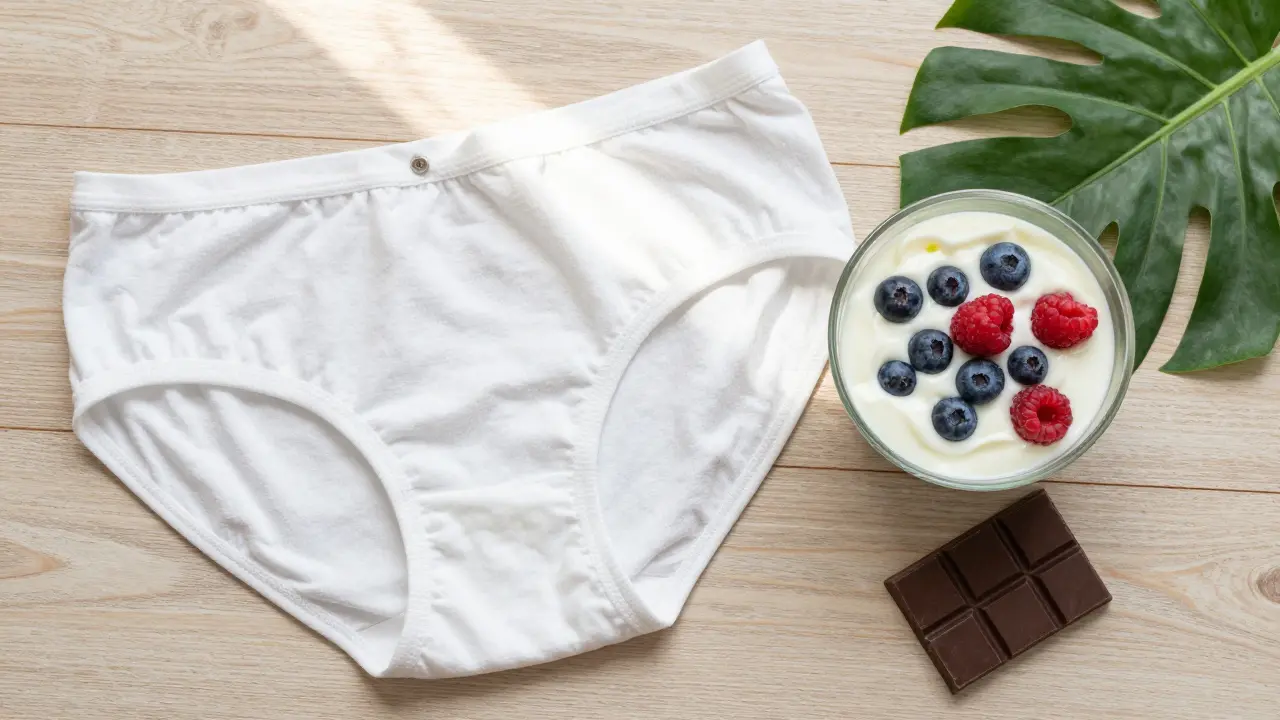 Bavlněné spodní prádlo, jogurt a ovoce jako symbol prevence