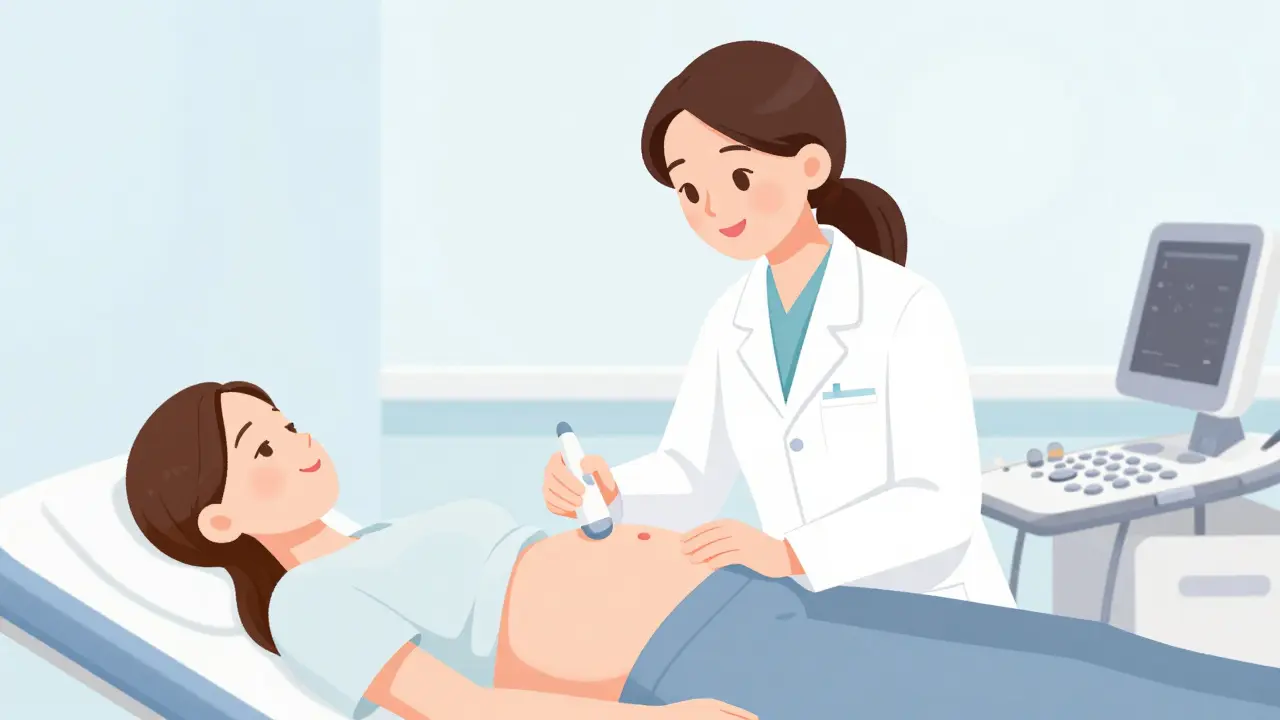 Gynekolog provádí ultrazvukové vyšetření těhotné pacientce