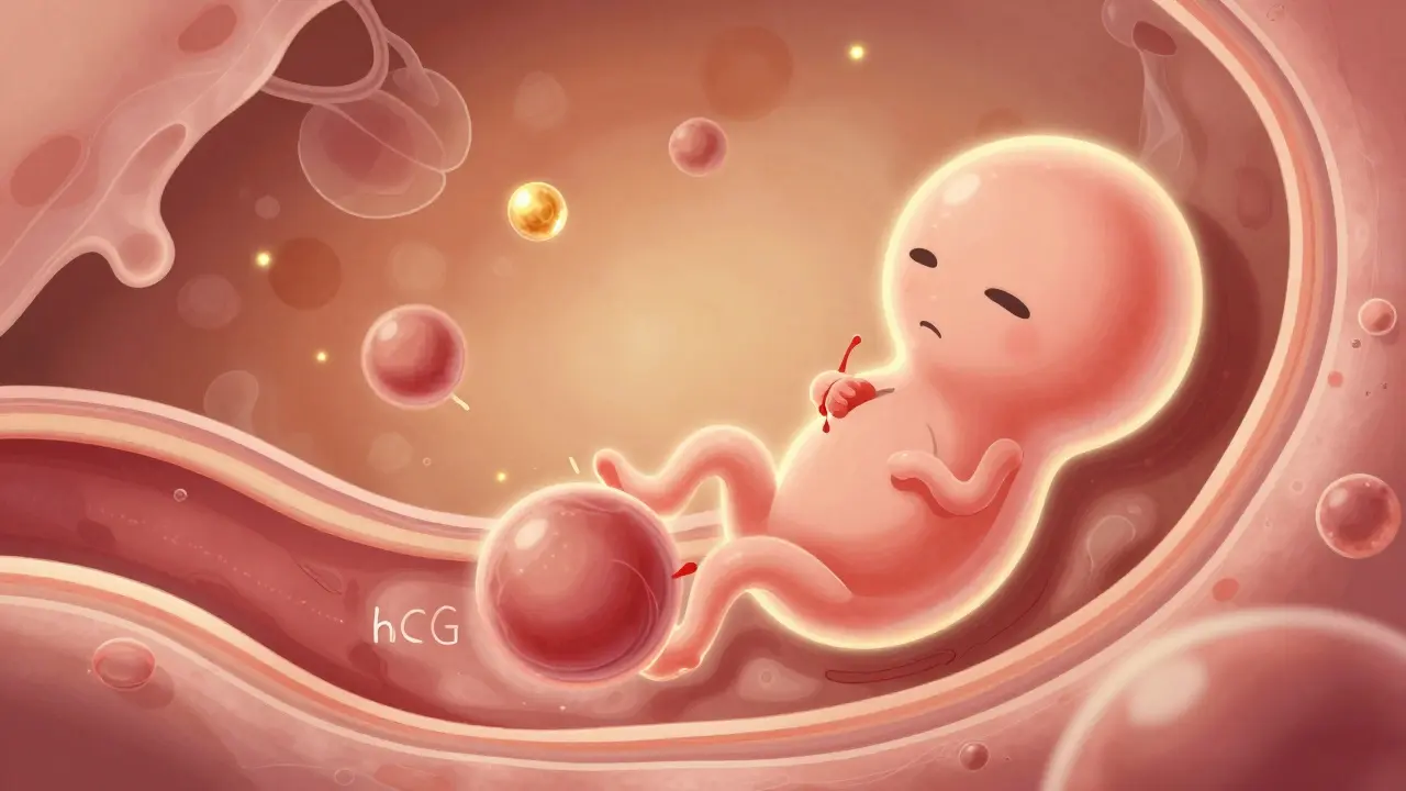 Ilustrace implantace embrya a tvorby hormonů hCG