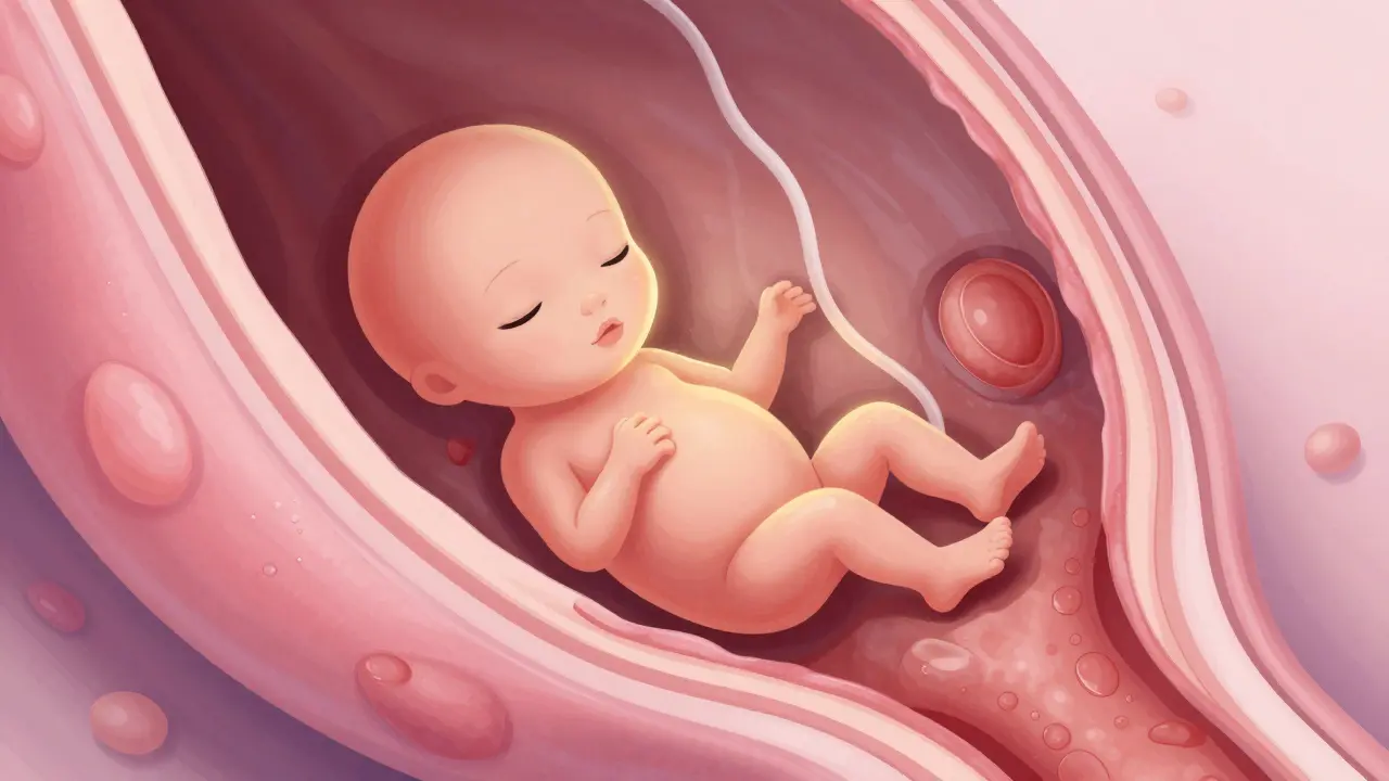 Konceptuální ilustrace implantace embrya do děložní sliznice.
