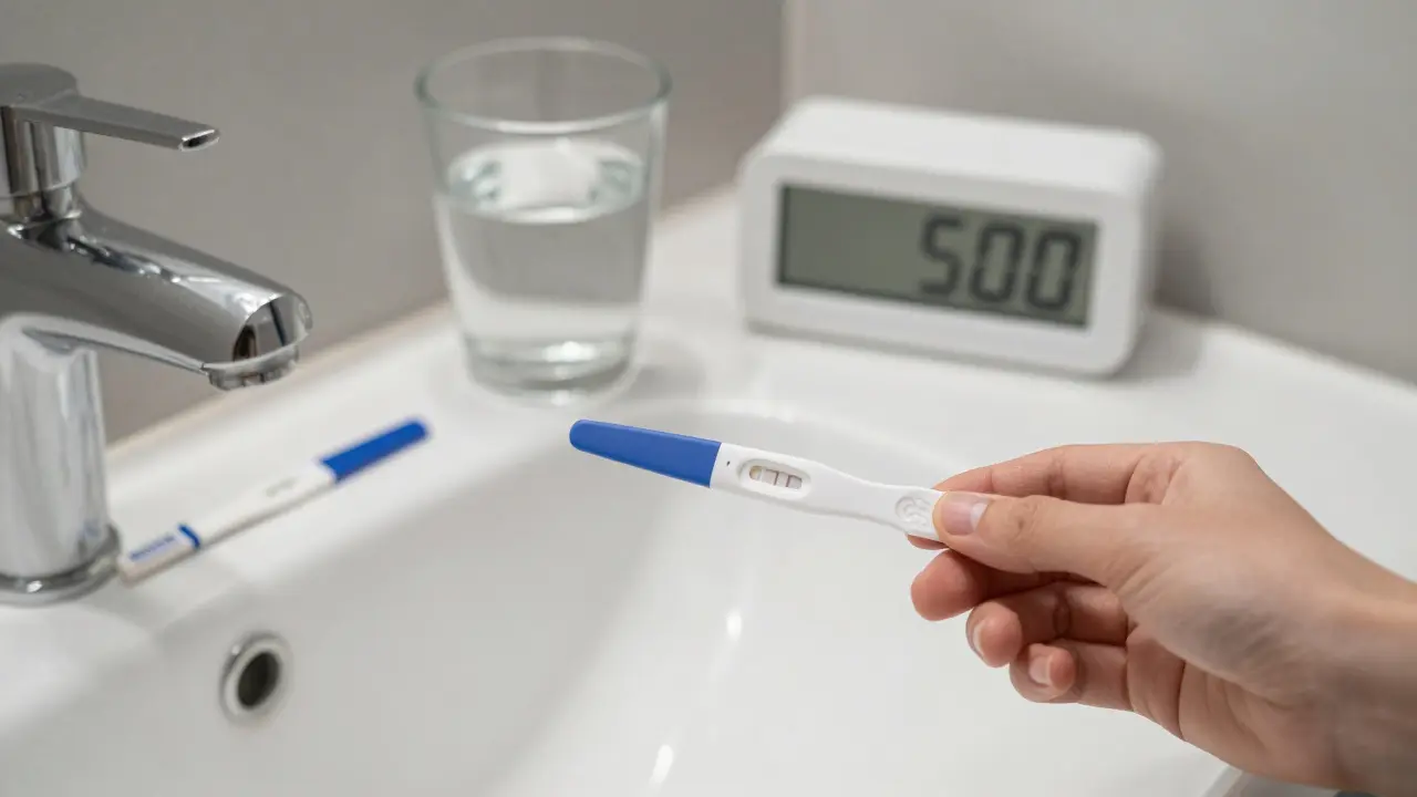 Minimální scéna koupelny připravená na provedení těhotenského testu