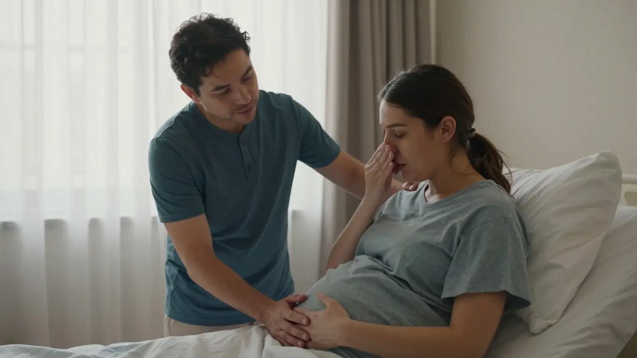 Partner pomáhá ženě s dýchaním při porodu