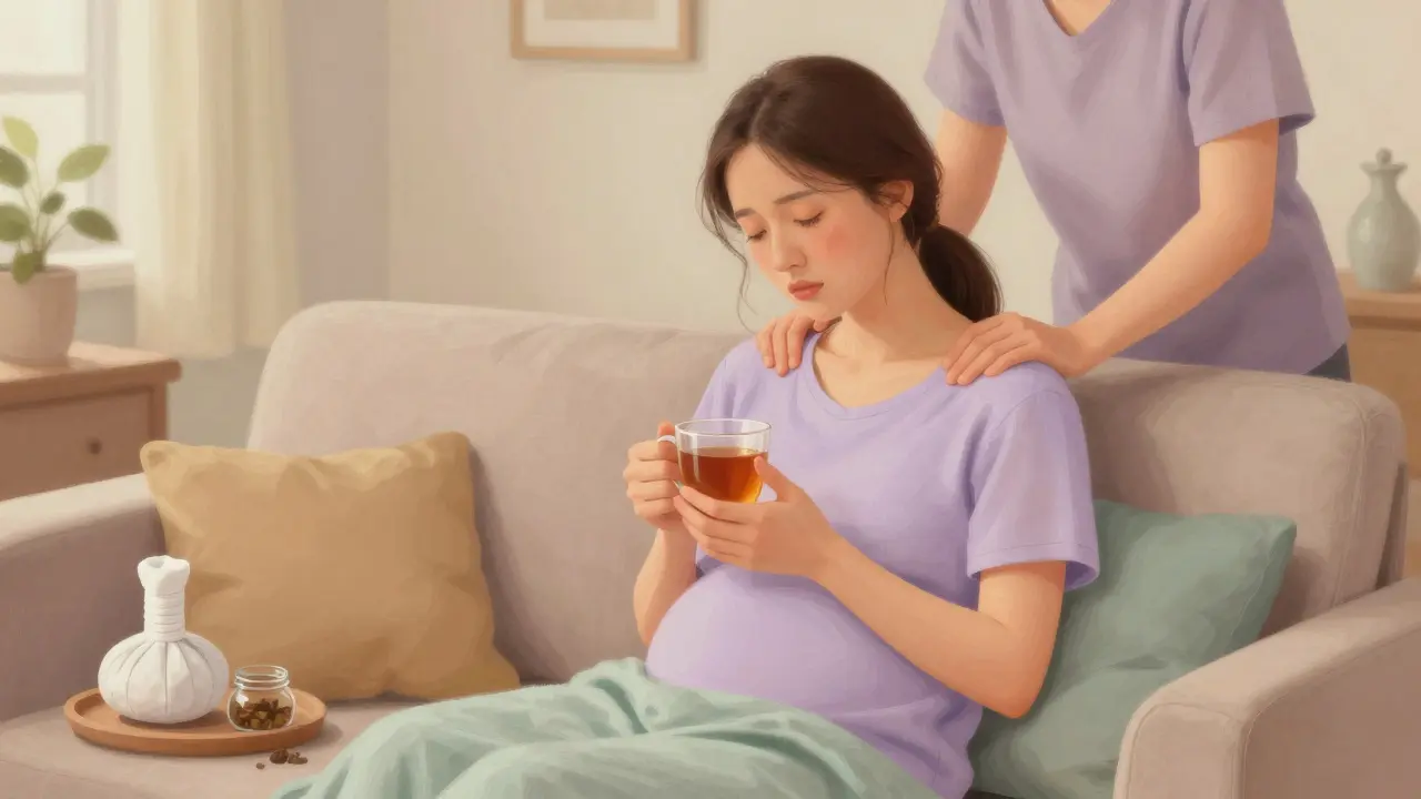 Žena si odpočívá na gauči s partnerovou pomocí