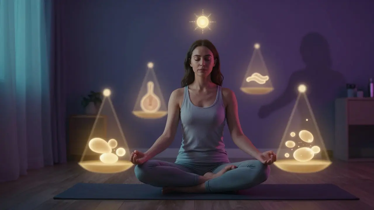 Žena v meditaci symbolizující rovnováhu imunity a hormonů