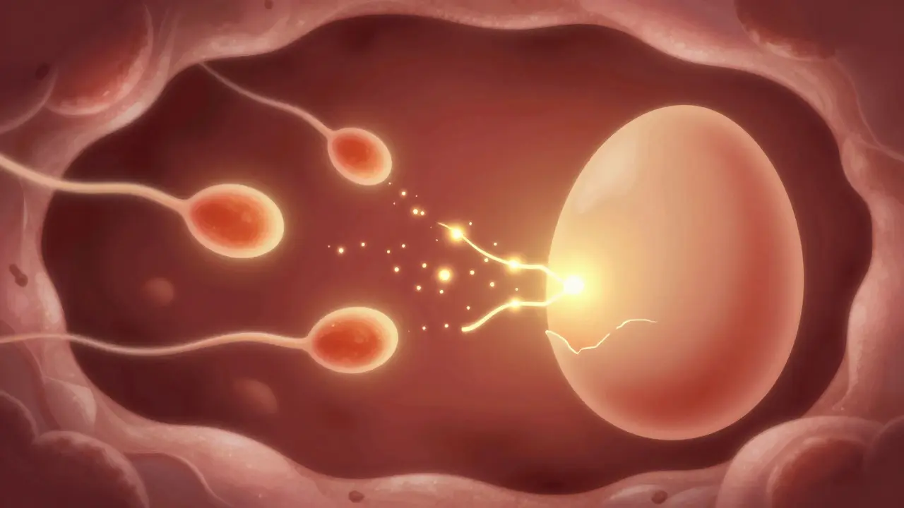 Abstraktní ilustrace hormonu hCG a procesu implantace
