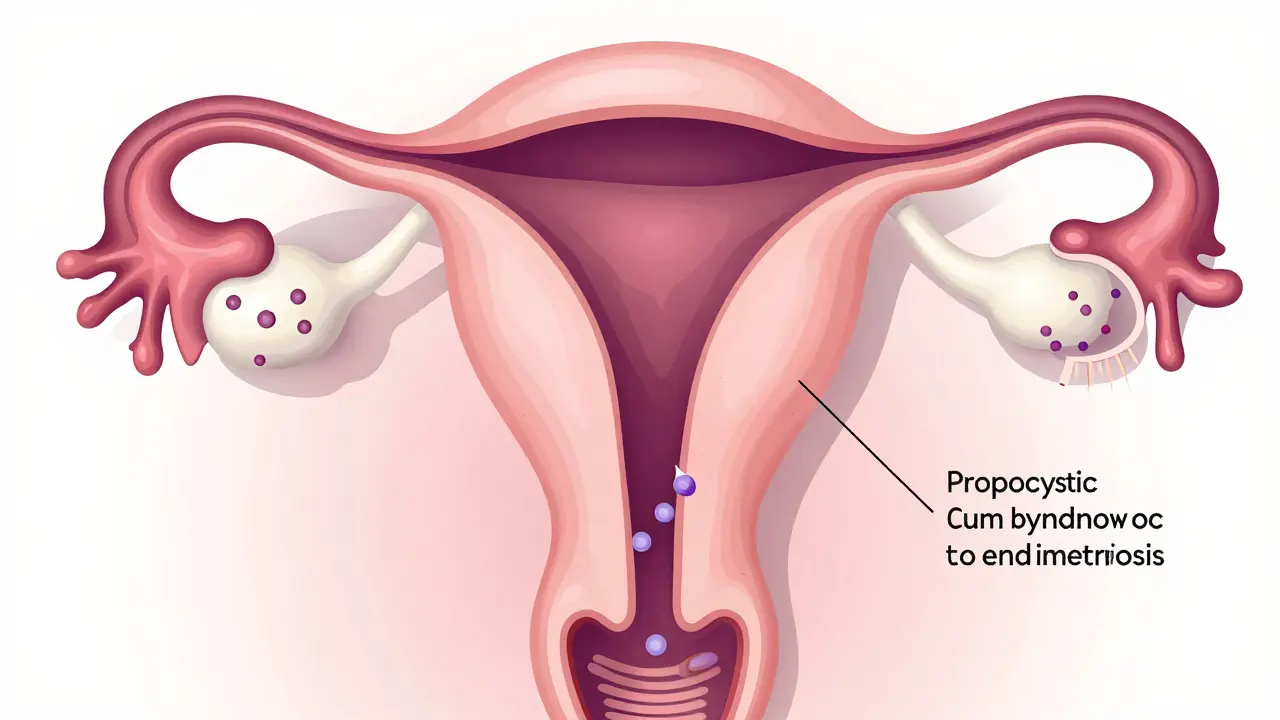 Anatomická ilustrace PCOS a ucpání vejcovodů