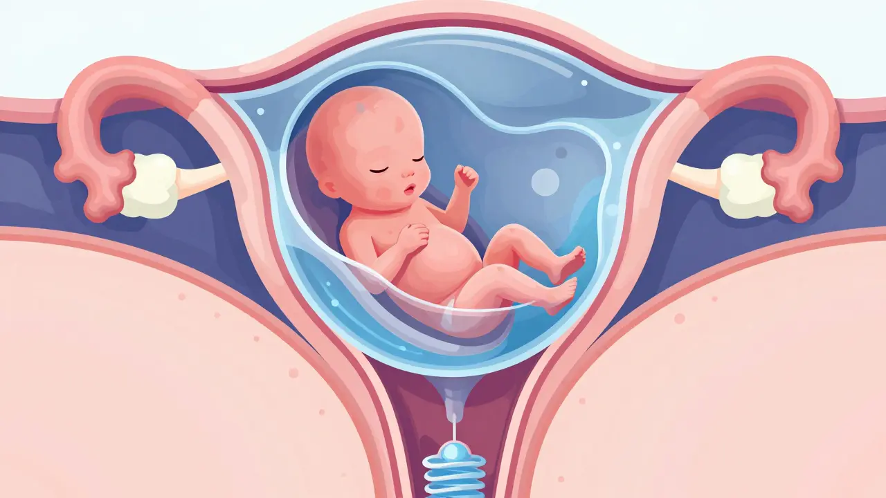 Anatomická ilustrace ukazující ochranu plodu děložními stěnami a hlenovou zátkou