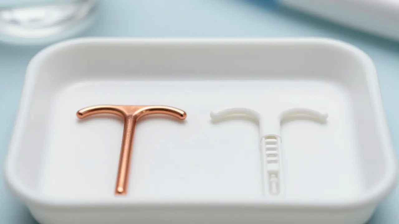 Detailní záběr měděného a hormonálního nitroděložního tělíška na lékařském tácu.