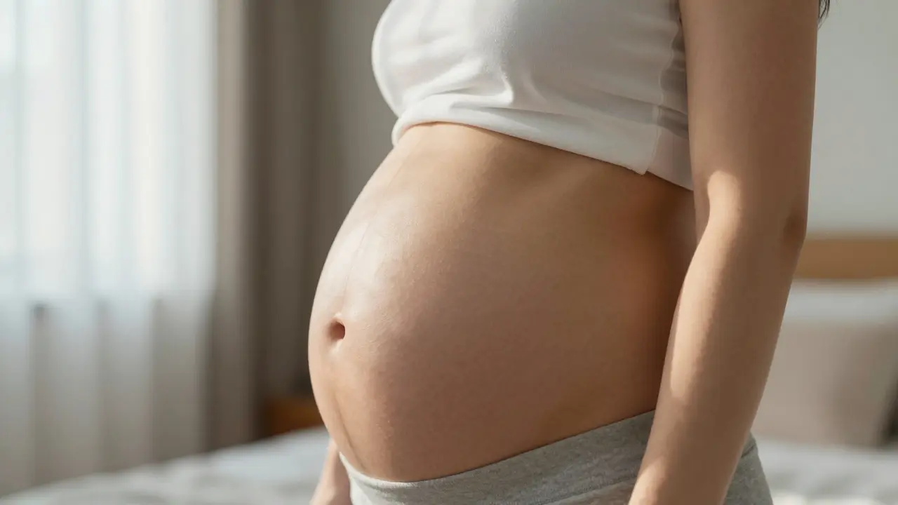 Klidná žena čekající na výsledky těhotenského testu