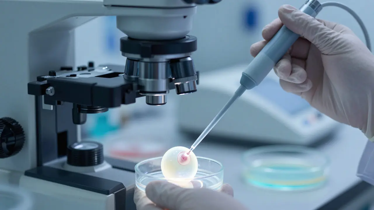 Makro záběr na injekci spermií do vajíčka v laboratoři při IVF