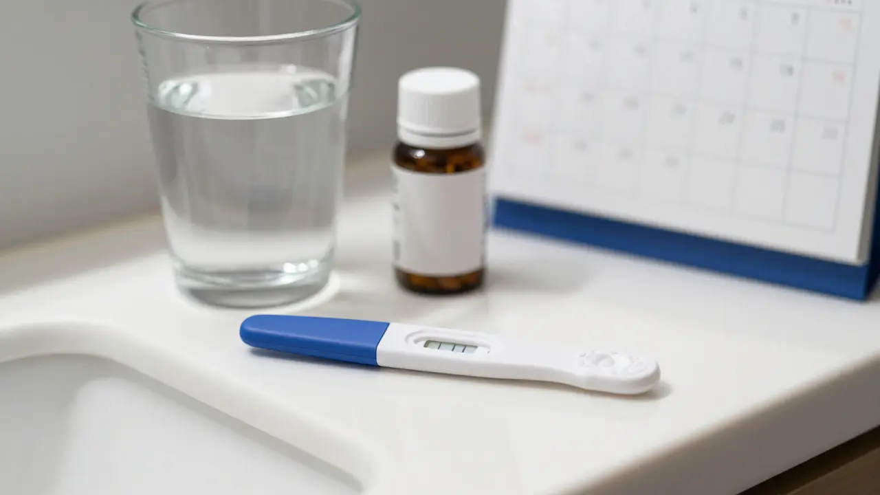 Pozitivní těhotenský test vedle vody a kyseliny listové na umyvadle