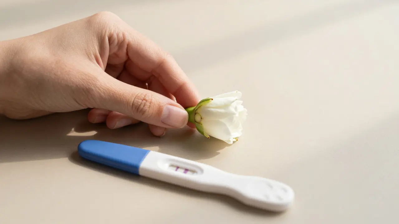 Ruka drží květ a těhotenský test na neutrálním pozadí